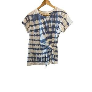 White & Blue Tye Die Side Tie Crew Neck Short Sleeve Cotton Tee Shirt